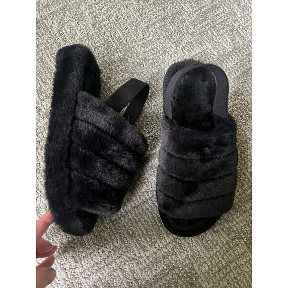 Fuzzy black open toe slipper elastic heel strap women’s 9 - Picture 1 of 6